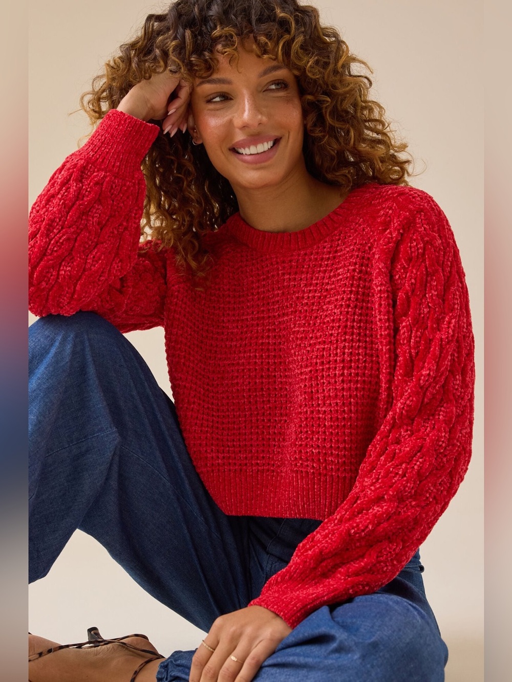 NWT Altar'd State Britton Cable‎ Sweater Size XXS Red Chunky Knit Cropped Cozy